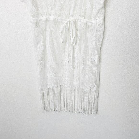 [Costyleen] White Fringe Hem Scoop Neck Sheer Beach Swim Coverup NWT Sz Medium M - Picture 9 of 11